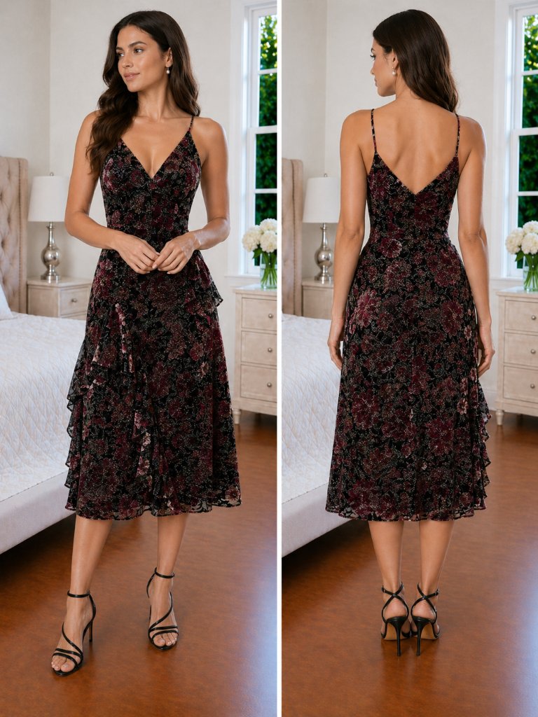 Nwt Jill Stuart Dalia Velvet Black Pink Ruffle Midi Dress $385
